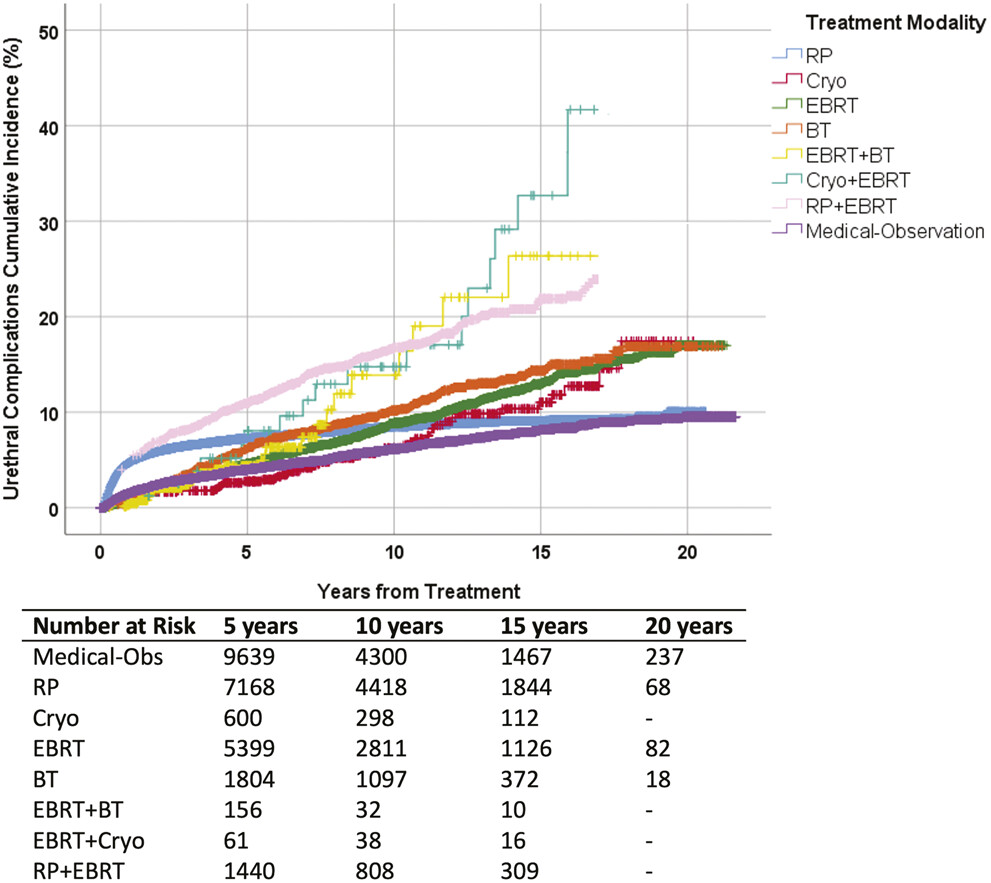 Journal of Urology原文图1，Kaplan–Meier曲线对比根治性前列腺切除、外放疗、近距离放疗以及多种联合方案后尿道并发症的长期累积发生率，下方列出20年随访风险集。