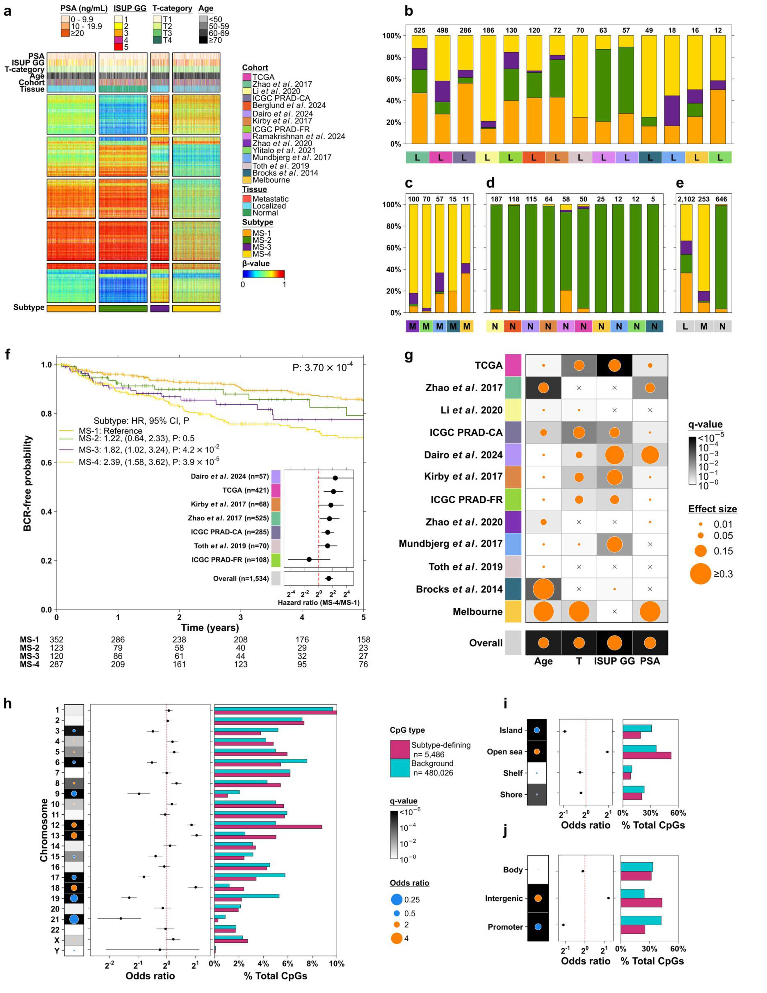 前列腺癌甲基化研究Figure 1：多队列甲基化热图、四种分子亚型构成、无生化复发生存及临床病理变量关联