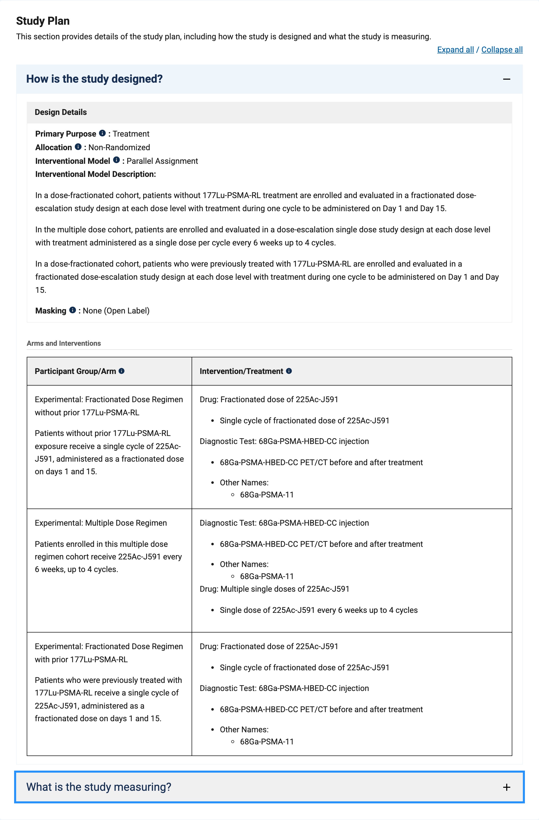 ClinicalTrials.gov的NCT04506567研究设计，显示225Ac-J591分次、多周期及既往177Lu-PSMA治疗三类队列